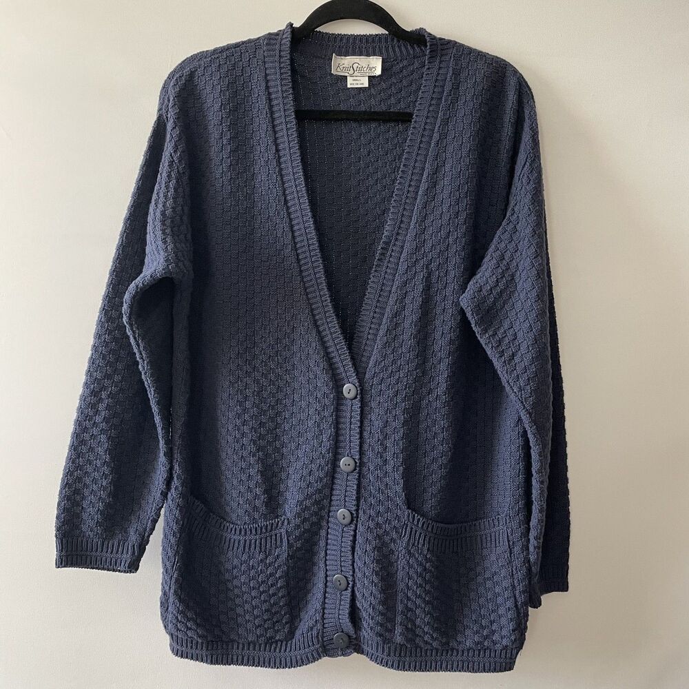 Vintage Knit Stitches Cardigan Sweater Long Sleeve Button Front Blue Size S-(dmp